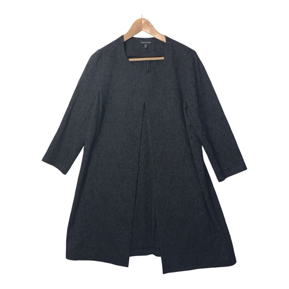 Eileen Fisher Sz S Woven Open Front Jacket Gray Long Textured Topper Crew Neck
